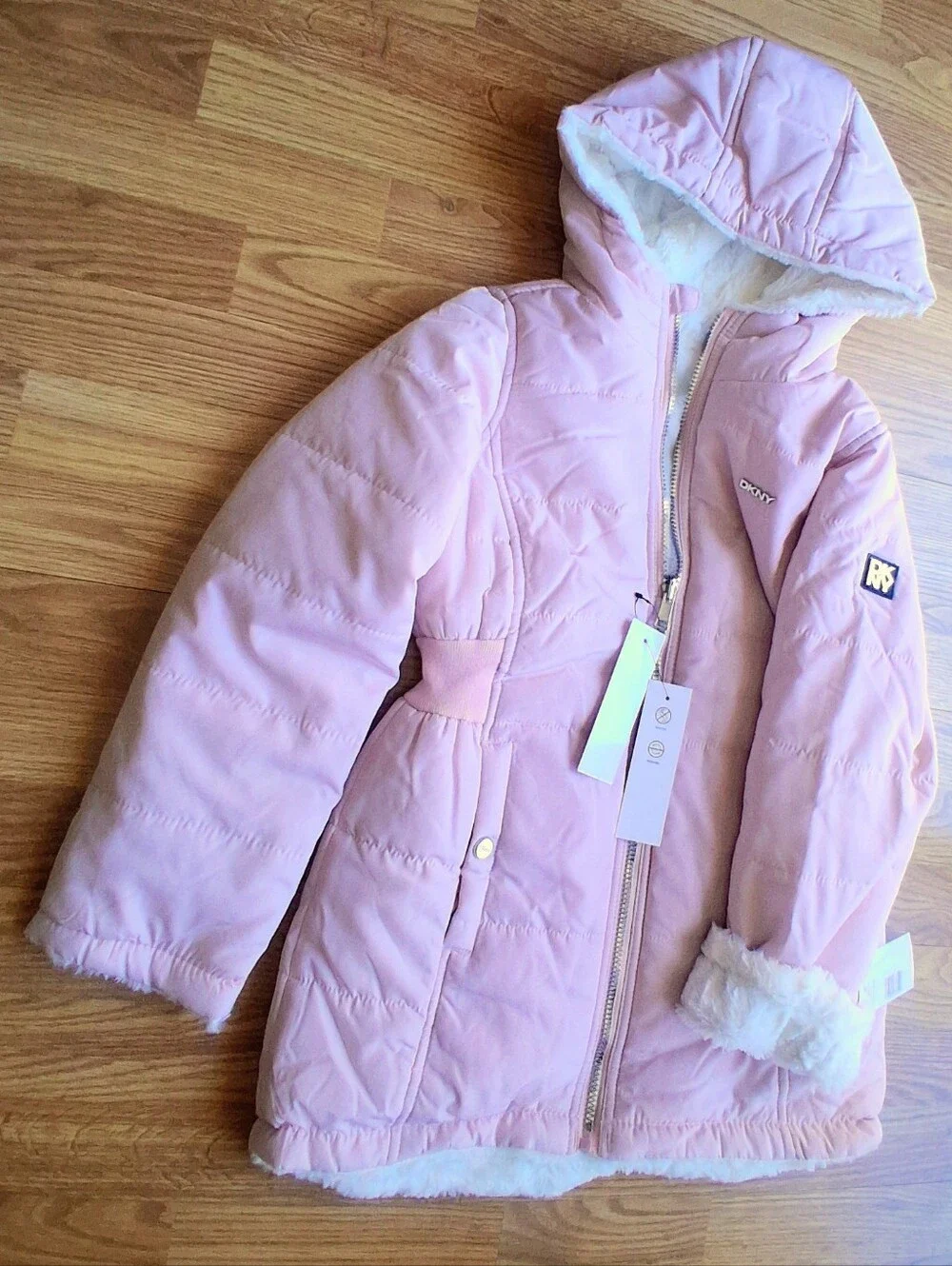 NWT DKNY girls REVERSIBLE COAT, Pale Pink/white Fuzzy Faux Fur, Sz 6X  MSRP $130